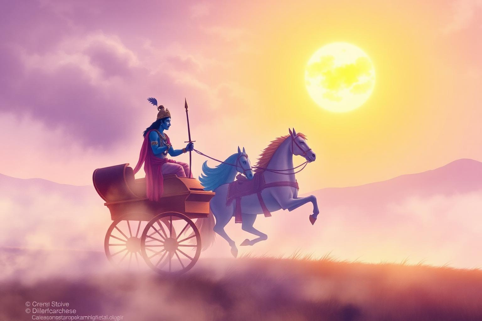 Krishna and Arjuna on the chariot at Kurukshetra